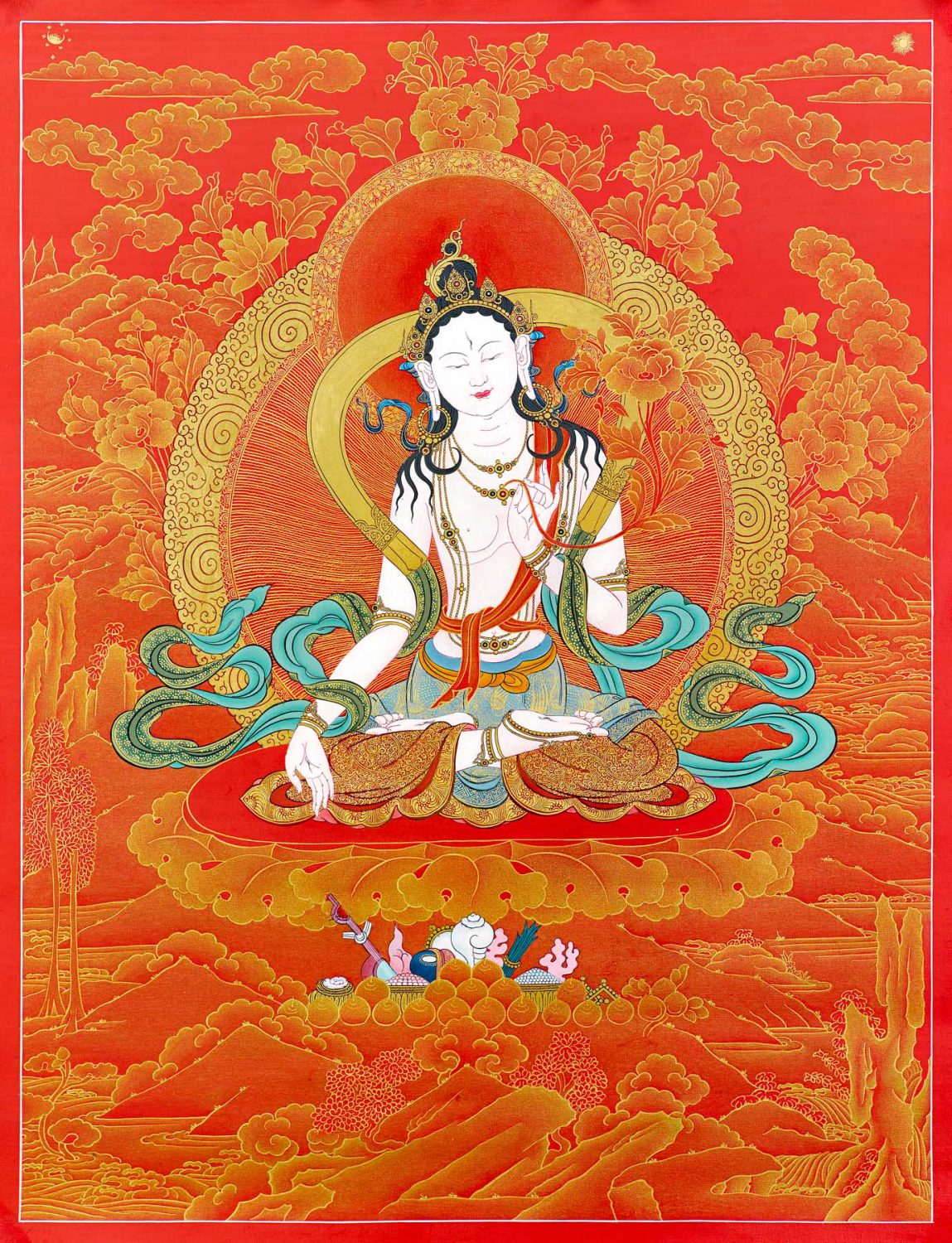 White Tara In Red & Gold III (Thangka) - Enlightenment - Dakini As Art