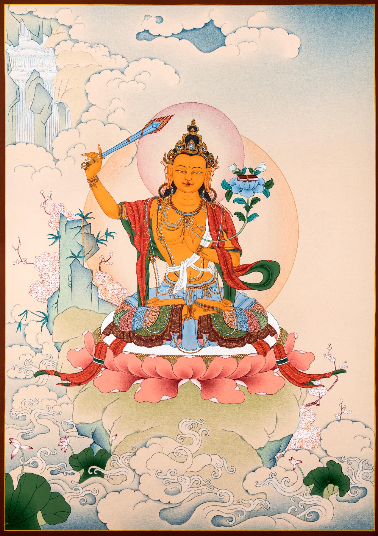 Карма buda. Манджушри тханка. Манджушри Бодхисаттва. Будда Манджушри. Манджушри практики тибетского буддизма.